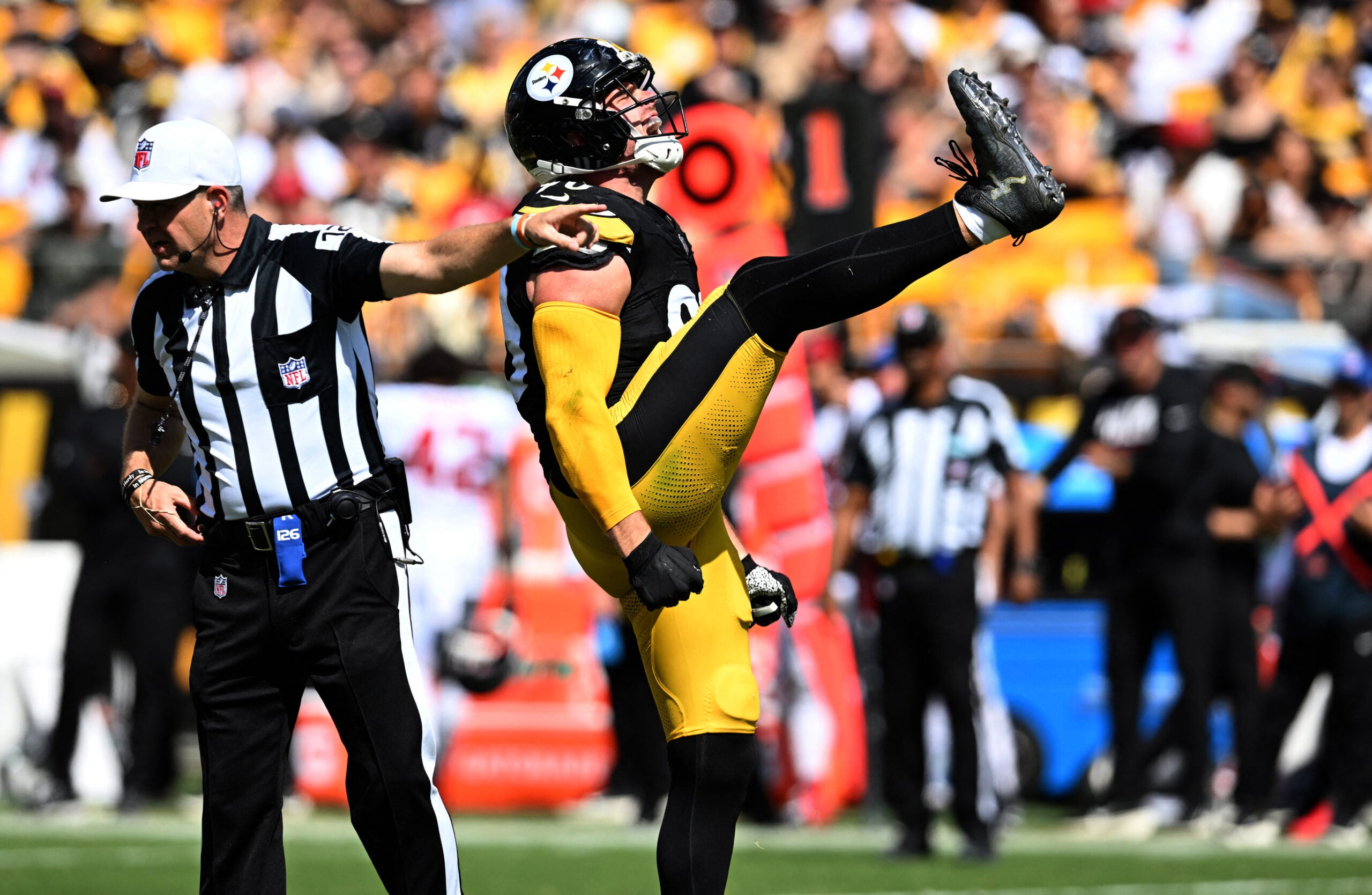 Sep 13, 2026; Pittsburgh, Pennsylvania, USA; Pittsburgh Steelers linebacker T.J. Watt (90) celebrates a sack during the second quarter against the Atlanta Falcons at Acrisure Stadium.