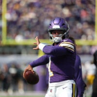 Sep 13, 2026; Minneapolis, Minnesota, USA; Minnesota Vikings quarterback Kyler Murray (1) warms up before the game against the Green Bay Packers at U.S. Bank Stadium.