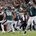 Sep 13, 2026; Philadelphia, Pennsylvania, USA; Philadelphia Eagles quarterback Jalen Hurts (1) throws a pass against the Washington Commanders during the first half at Lincoln Financial Field.