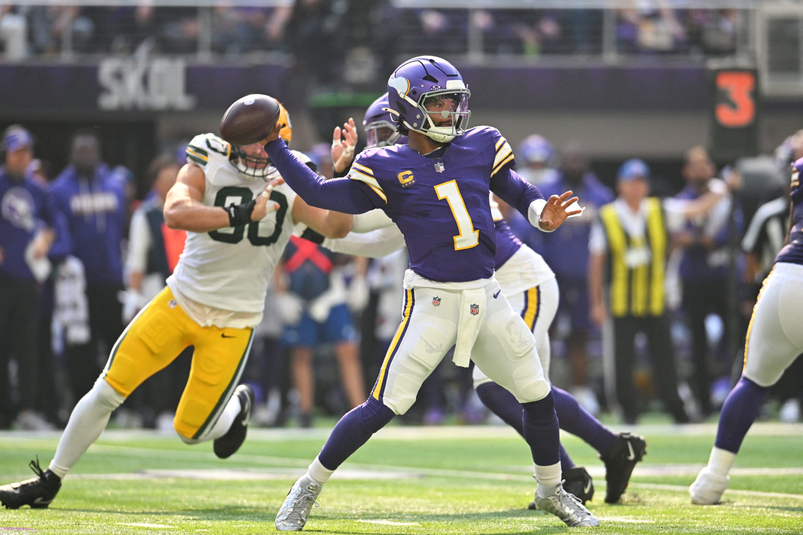 Sep 13, 2026; Minneapolis, Minnesota, USA; Minnesota Vikings quarterback Kyler Murray (1) drops back to make a pass during the first half against the Green Bay Packers at U.S. Bank Stadium.