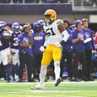 Sep 13, 2026; Minneapolis, Minnesota, USA; Green Bay Packers defensive end Dani Dennis-Sutton (51) reacts after a play during the first half against the Minnesota Vikings at U.S. Bank Stadium.