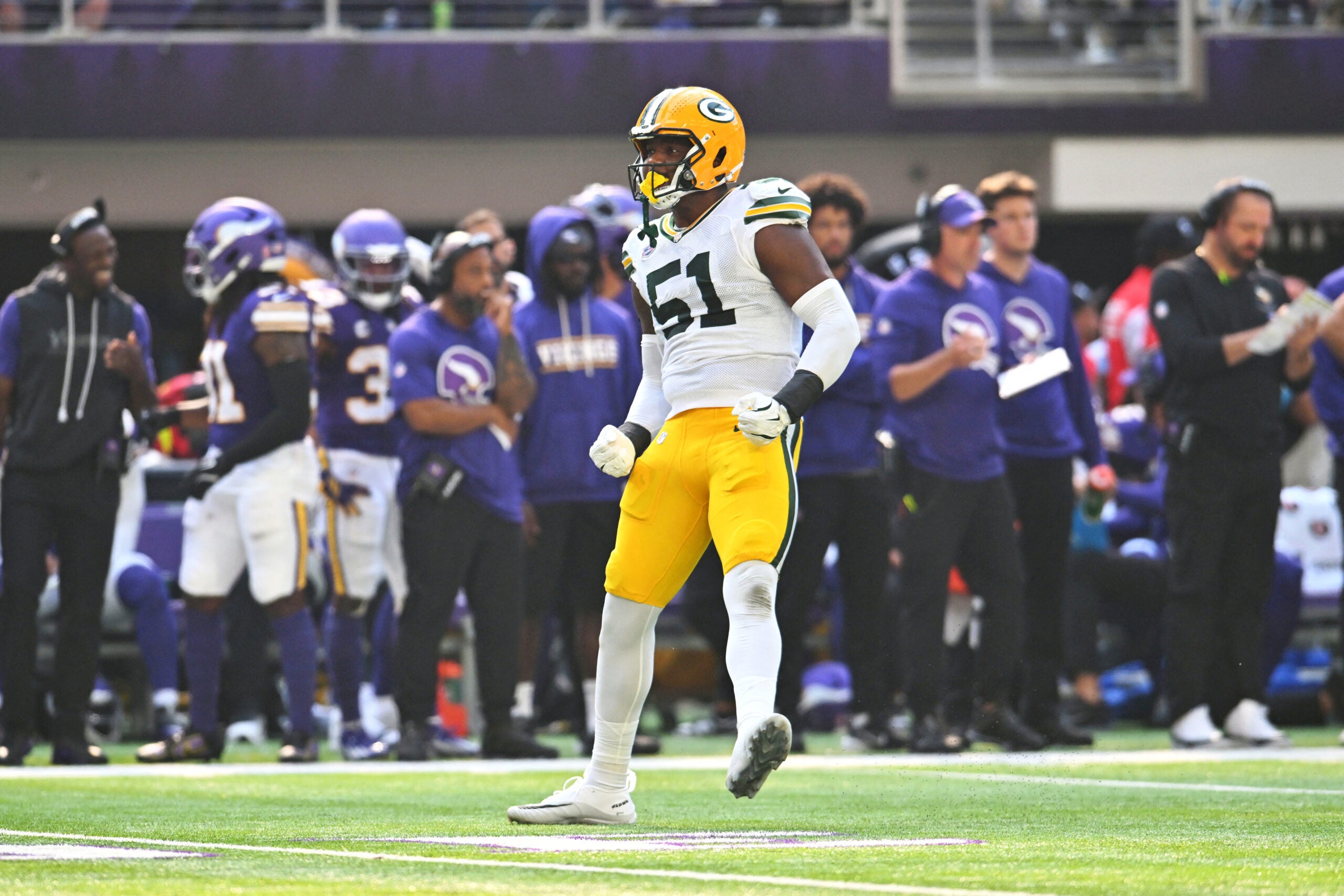 Sep 13, 2026; Minneapolis, Minnesota, USA; Green Bay Packers defensive end Dani Dennis-Sutton (51) reacts after a play during the first half against the Minnesota Vikings at U.S. Bank Stadium.