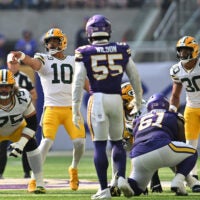 Sep 13, 2026; Minneapolis, Minnesota, USA; Green Bay Packers quarterback Jordan Love (10) calls out the play during the first half against the Minnesota Vikings at U.S. Bank Stadium.