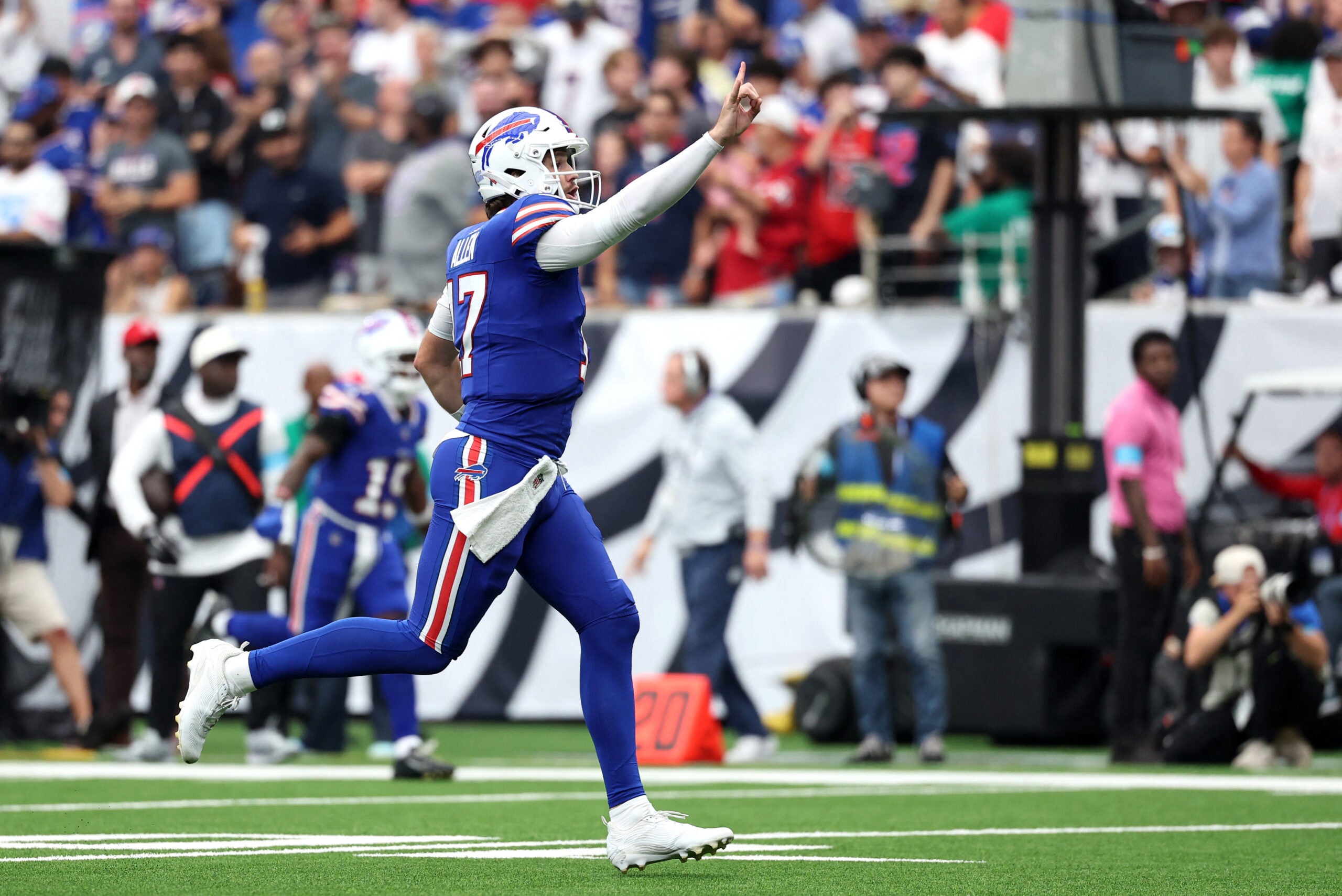 Sep 13, 2026; Houston, Texas, USA; Buffalo Bills quarterback Josh Allen (17) reacts after a play against the Houston Texans during the fourth quarter at Reliant Stadium.