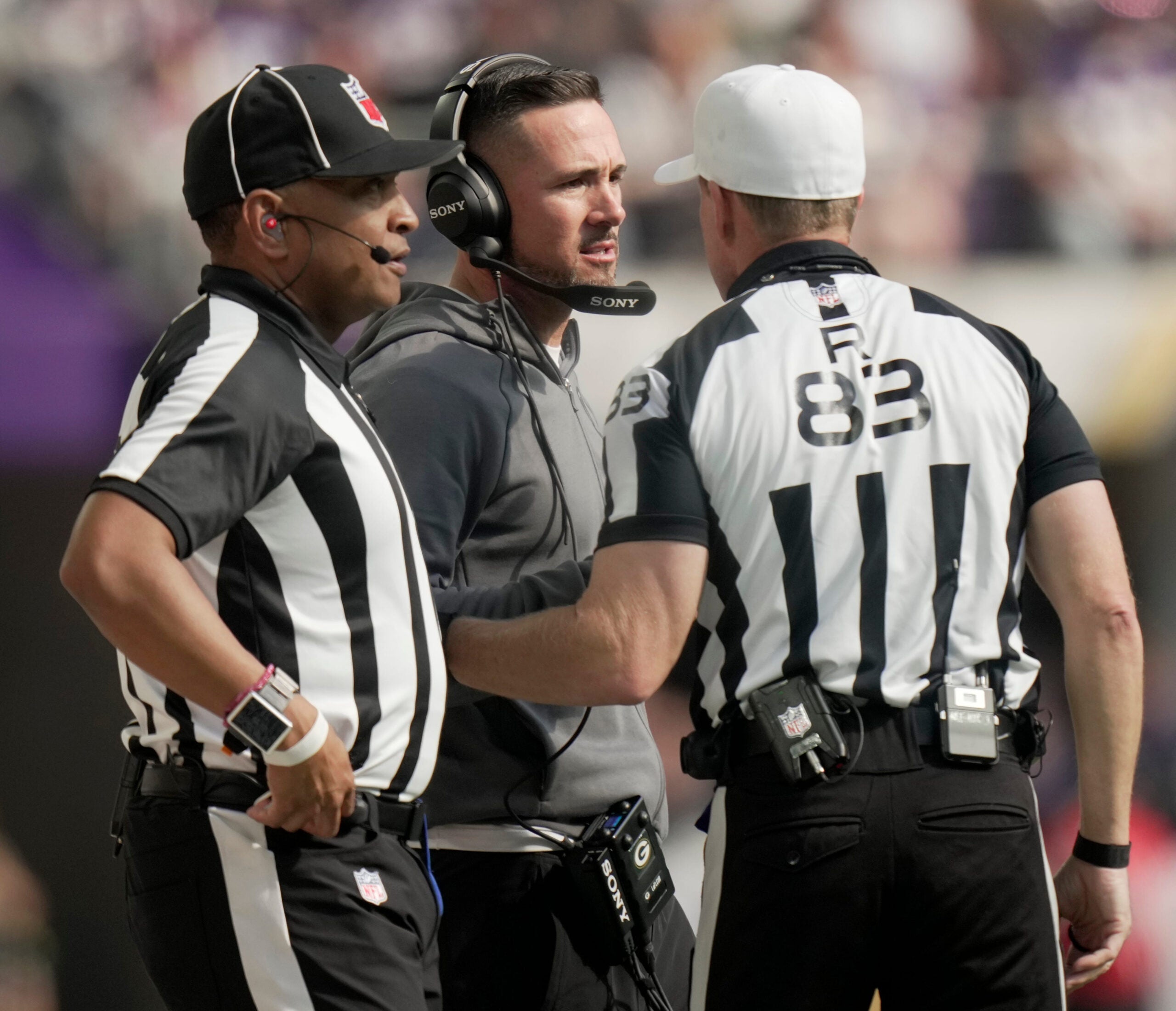 Green Bay Packers head coach Matt LaFleur is shown during the first quarter of their game against the Minnesota Vikings Sunday, Sept. 13, 2026 at U.S. Bank Stadium in Minneapolis, Minnesota.