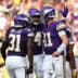 Sep 13, 2026; Minneapolis, Minnesota, USA; Minnesota Vikings quarterback Carson Wentz (11) celebrates a touchdown during the first half against the Green Bay Packers at U.S. Bank Stadium.