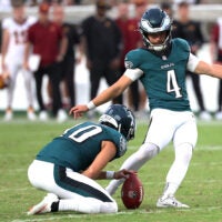 Sep 13, 2026; Philadelphia, Pennsylvania, USA; Philadelphia Eagles kicker Jake Elliott (4) makes a field goal against the Washington Commanders during the second half at Lincoln Financial Field.