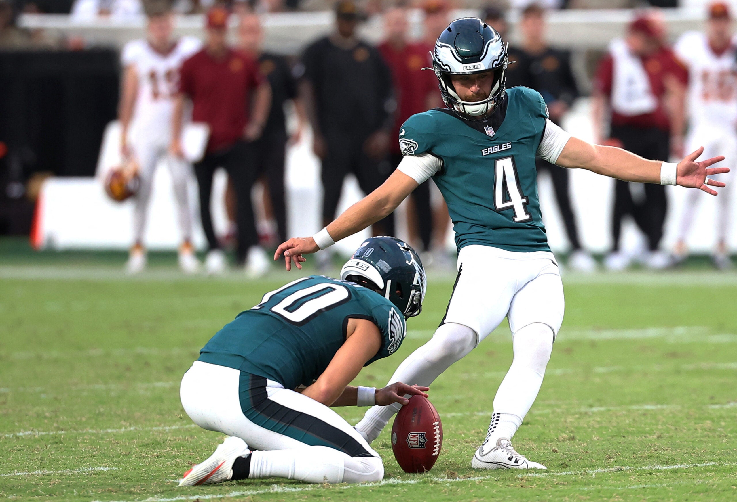Sep 13, 2026; Philadelphia, Pennsylvania, USA; Philadelphia Eagles kicker Jake Elliott (4) makes a field goal against the Washington Commanders during the second half at Lincoln Financial Field.