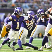 Sep 13, 2026; Minneapolis, Minnesota, USA; Minnesota Vikings quarterback Kyler Murray (1) drops back to make a pass during the second half against the Green Bay Packers at U.S. Bank Stadium.