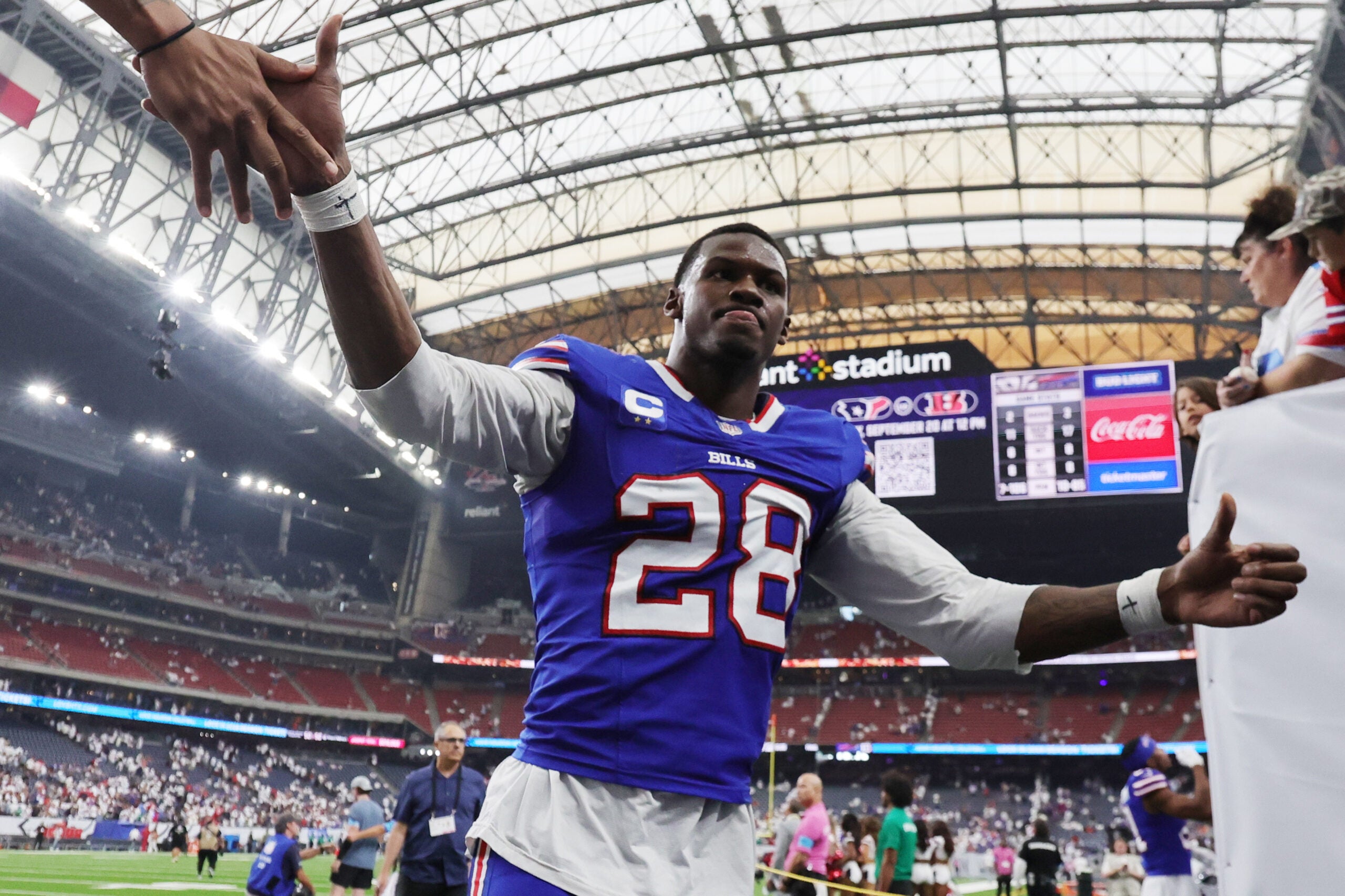 Sep 13, 2026; Houston, Texas, USA; Buffalo Bills defensive back Sam Franklin Jr. (28) high fives fans while exiting the field after the game against the Houston Texans at Reliant Stadium.