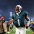 Sep 13, 2026; Philadelphia, Pennsylvania, USA; Philadelphia Eagles quarterback Jalen Hurts (1) runs off the field after a victory against the Washington Commanders at Lincoln Financial Field.