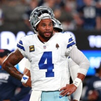 Sep 13, 2026; East Rutherford, New Jersey, USA; Dallas Cowboys quarterback Dak Prescott (4) looks on during warmups prior to the game against the New York Giants at MetLife Stadium.