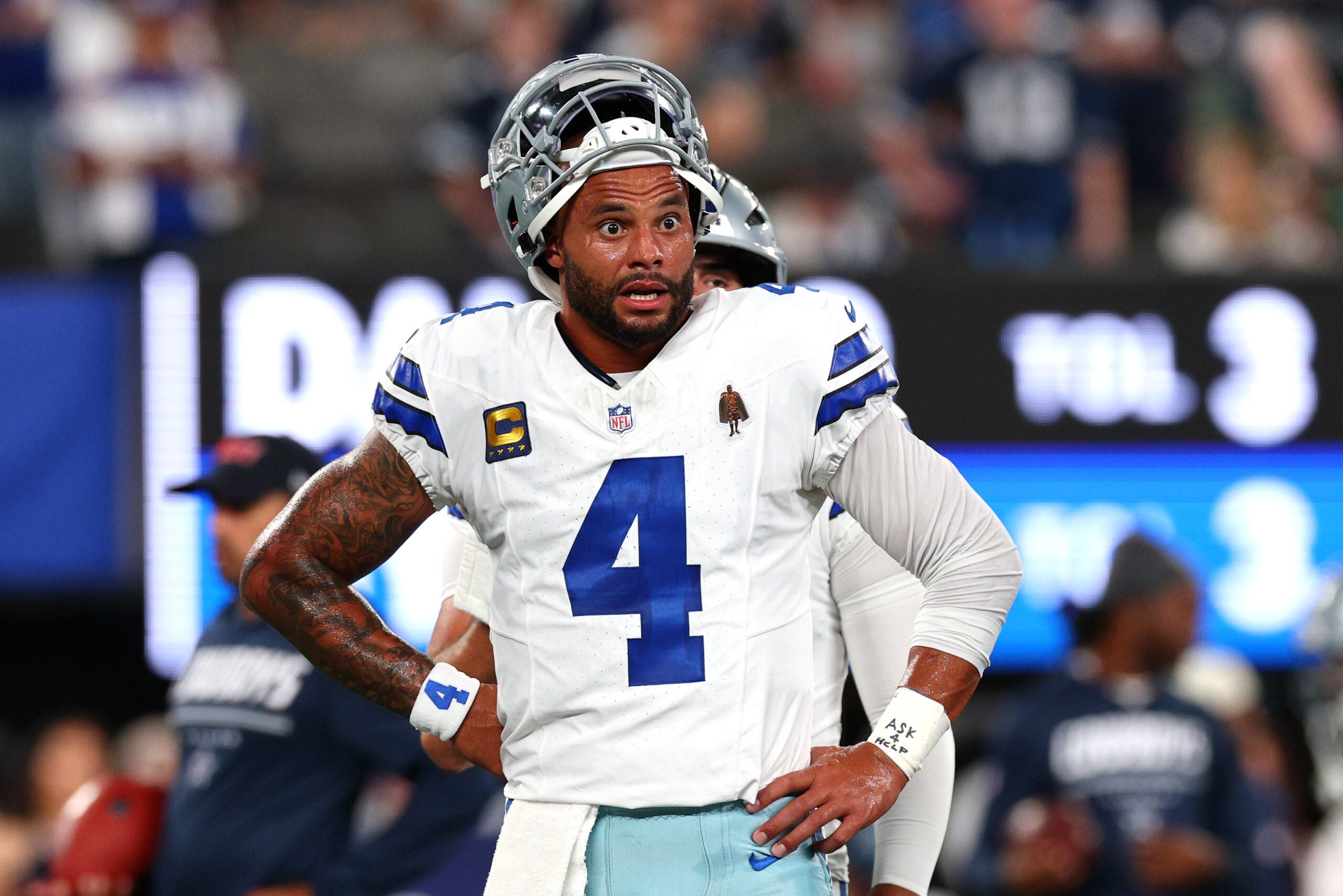 Sep 13, 2026; East Rutherford, New Jersey, USA; Dallas Cowboys quarterback Dak Prescott (4) looks on during warmups prior to the game against the New York Giants at MetLife Stadium.