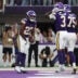 Sep 13, 2026; Minneapolis, Minnesota, USA; Minnesota Vikings running back Jordan Mason (27) celebrates after a touchdown during the second half against the Green Bay Packers at U.S. Bank Stadium.