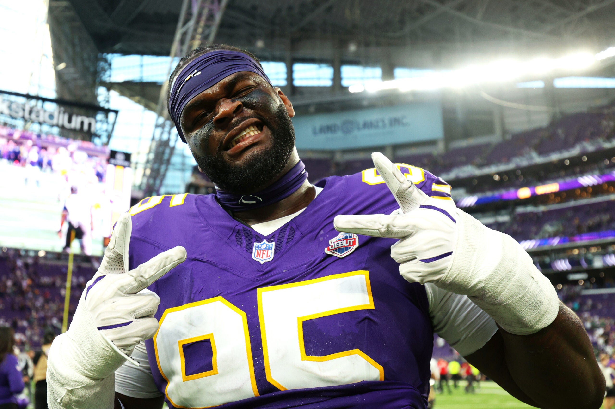Sep 13, 2026; Minneapolis, Minnesota, USA; Minnesota Vikings defensive line Caleb Banks (95) celebrates the win against the Green Bay Packers at U.S. Bank Stadium.