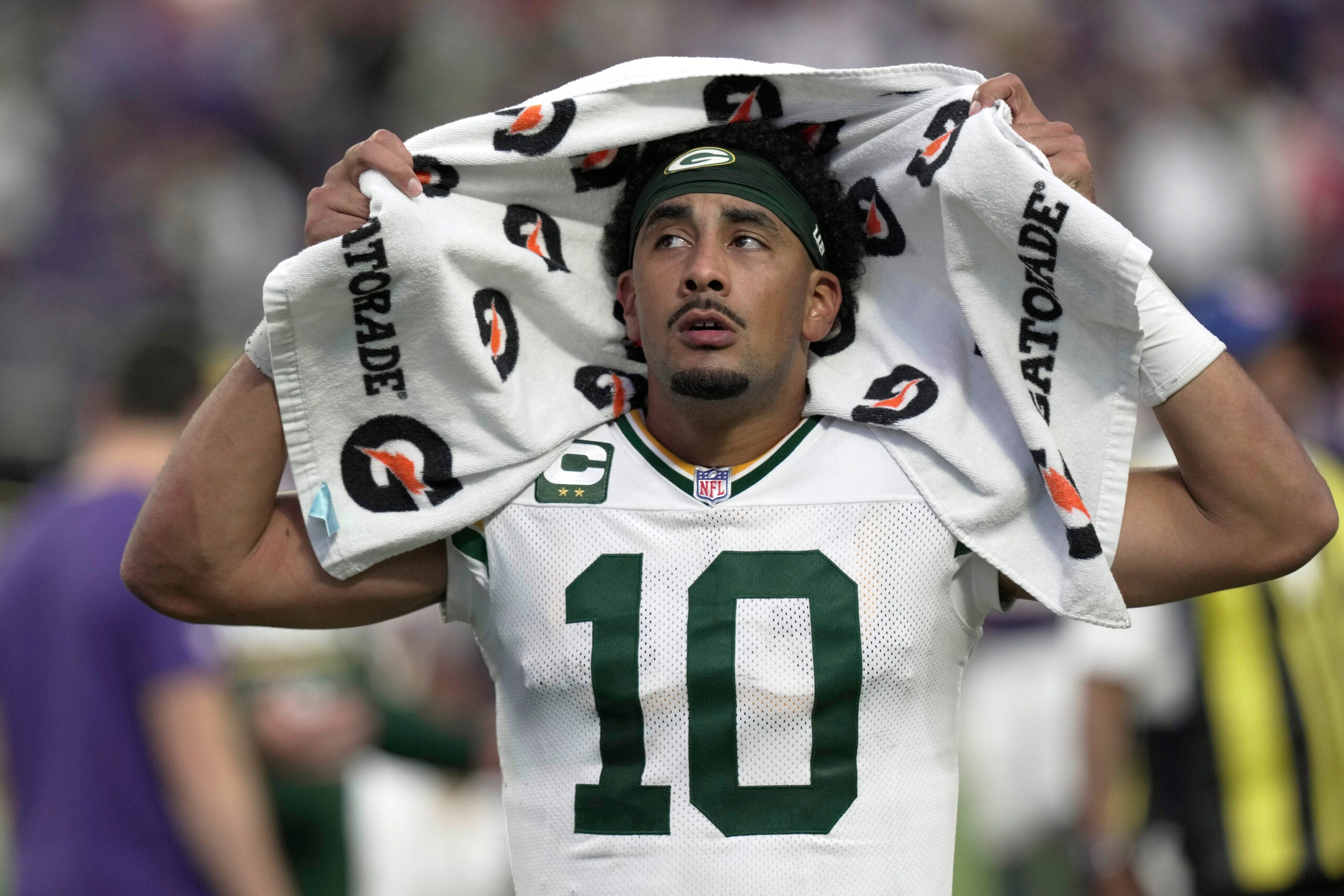 Green Bay Packers quarterback Jordan Love (10) walks off the field after their game Sunday, Sept. 13, 2026 at U.S. Bank Stadium in Minneapolis, Minnesota. The Minnesota Vikings beat the Green Bay Packers 39-22.