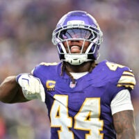Sep 13, 2026; Minneapolis, Minnesota, USA; Minnesota Vikings safety Joshua Metellus (44) celebrates the win after the game against the Green Bay Packers at U.S. Bank Stadium.
