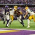 Sep 13, 2026; Minneapolis, Minnesota, USA; Minnesota Vikings running back Aaron Jones Sr. (33) pushes for a touchdown during the second half against the Green Bay Packers at U.S. Bank Stadium.