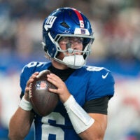 New York Giants quarterback Jaxson Dart (6) practices his throws during a week one opening game between the New York Giants and Dallas Cowboys at Metlife Stadium on Sunday, Sept. 13, 2026, in East Rutherford, NJ.