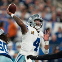 Dallas Cowboys quarterback Dak Prescott (4) throws a pass during a week one opening game between the New York Giants and Dallas Cowboys at Metlife Stadium on Sunday, Sept. 13, 2026, in East Rutherford, NJ.