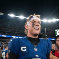 New York Giants quarterback Jaxson Dart (6) walks off the field following a 28-20 victory during a week one opening game between the New York Giants and Dallas Cowboys at Metlife Stadium on Sunday, Sept. 13, 2026, in East Rutherford, NJ.