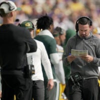 Green Bay Packers head coach Matt LaFleur is shown during the first quarter of their game against the Minnesota Vikings Sunday, Sept. 13, 2026 at U.S. Bank Stadium in Minneapolis, Minnesota.