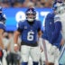 Sep 13, 2026; East Rutherford, New Jersey, USA; New York Giants quarterback Jaxson Dart (6) calls a play at the line during the first quarter against the Dallas Cowboys at MetLife Stadium.