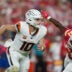 Sep 14, 2026; Kansas City, Missouri, USA; Denver Broncos quarterback Bo Nix (10) is pressured by Kansas City Chiefs defensive end R Mason Thomas (51) at GEHA Field at Arrowhead Stadium.