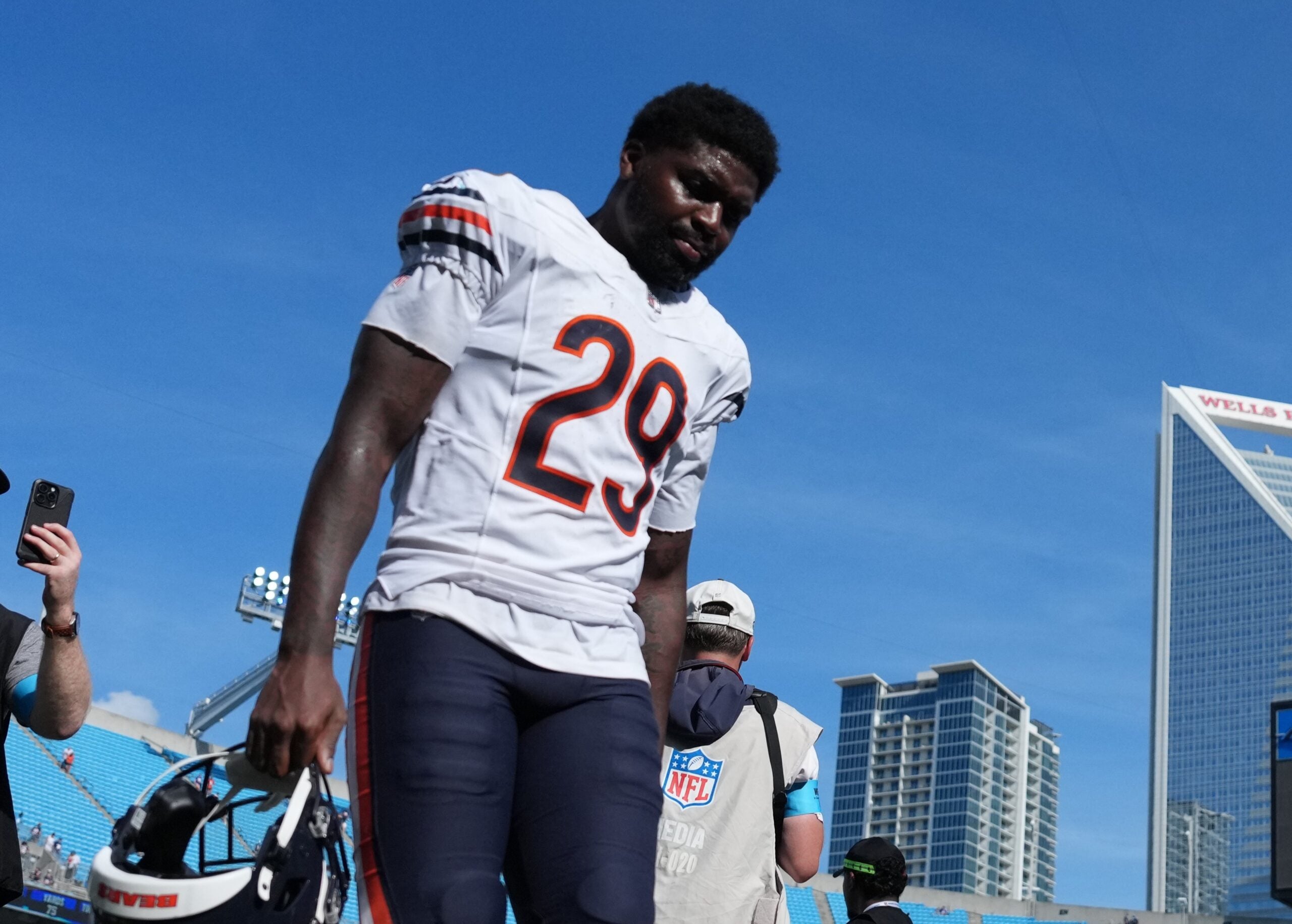 Sep 13, 2026; Charlotte, North Carolina, USA; Chicago Bears cornerback Tyrique Stevenson (29) walks off the field after the game at Bank of America Stadium.