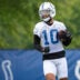 Indianapolis Colts wide receiver Keenan Allen (10) pulls in a pass Wednesday, Aug. 26, 2026, during practice at Indiana Farm Bureau Football Center.