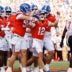 Sep 12, 2026; Gainesville, Florida, USA; Florida Gators quarterback Aaron Philo (12) celebrates after scoring a touchdown with Florida Gators offensive lineman Harrison Moore (52) and Florida Gators offensive lineman TJ Shanahan Jr. (67) against the Campbell Fighting Camels during the first half at Ben Hill Griffin Stadium.