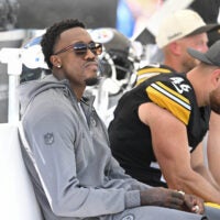 Sep 13, 2026; Pittsburgh, Pennsylvania, USA; Pittsburgh Steelers cornerback Joey Porter Jr. sits on the bench during a game against the Atlanta Falcons at Acrisure Stadium.
