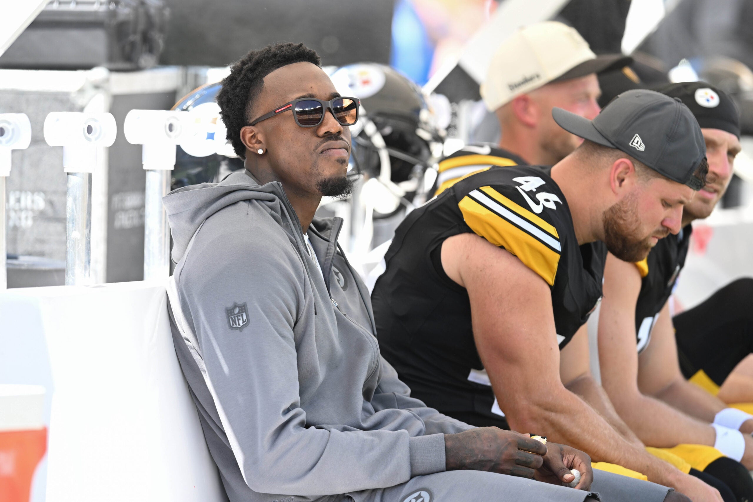Sep 13, 2026; Pittsburgh, Pennsylvania, USA; Pittsburgh Steelers cornerback Joey Porter Jr. sits on the bench during a game against the Atlanta Falcons at Acrisure Stadium.