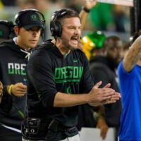 Oregon head coach Dan Lanning cheers on his team as the Oregon Ducks host the Portland State Vikings on Sept. 18, 2026, at Autzen Stadium in Eugene, Oregon.