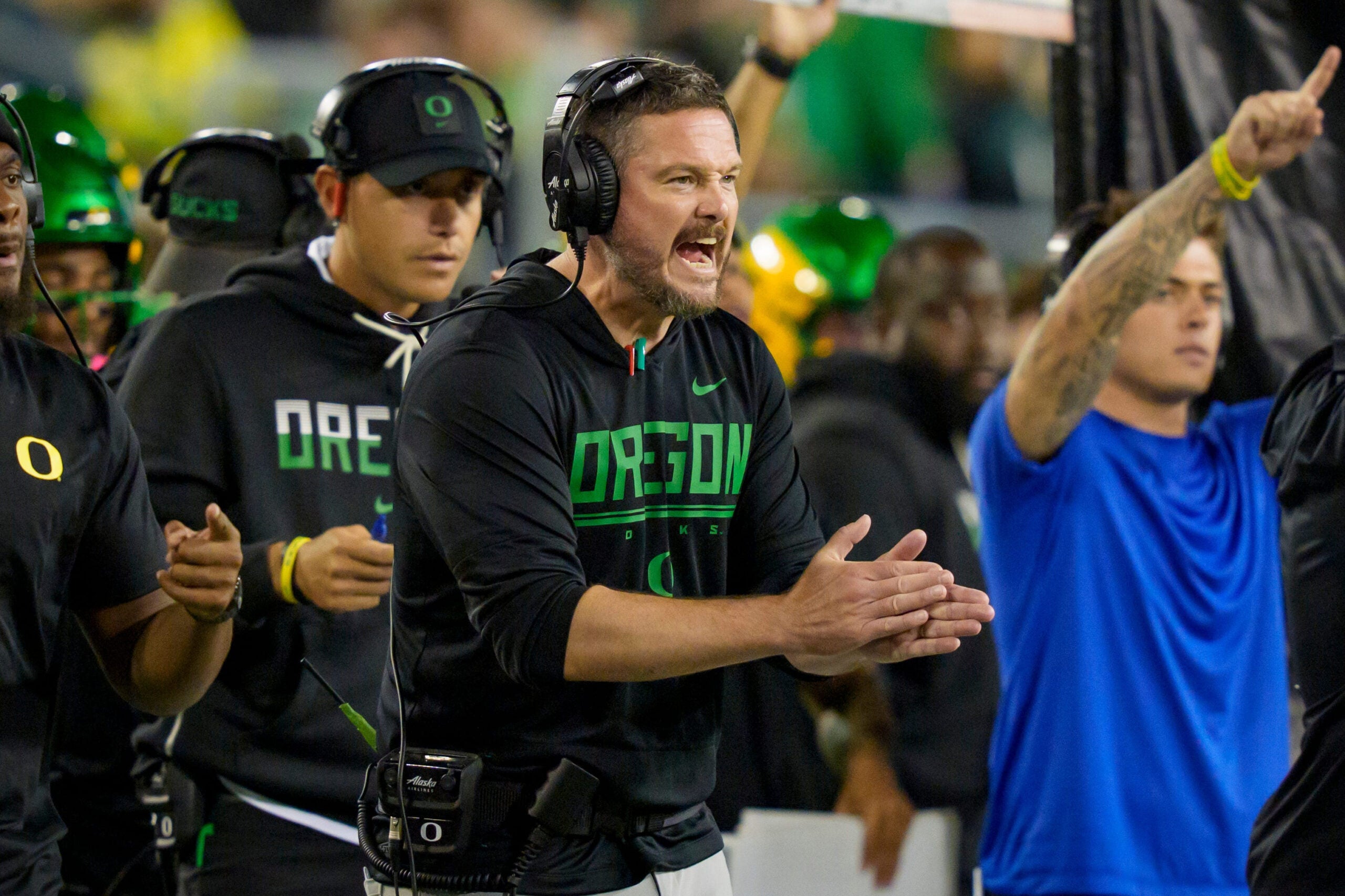 Oregon head coach Dan Lanning cheers on his team as the Oregon Ducks host the Portland State Vikings on Sept. 18, 2026, at Autzen Stadium in Eugene, Oregon.