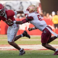 Sep 19, 2026; Tuscaloosa, AL, USA; Florida State defensive back Ja'Bril Rawls (6) sacks Alabama quarterback Keelon Russell (12) for a loss at Saban Field at Bryant-Denny Stadium.