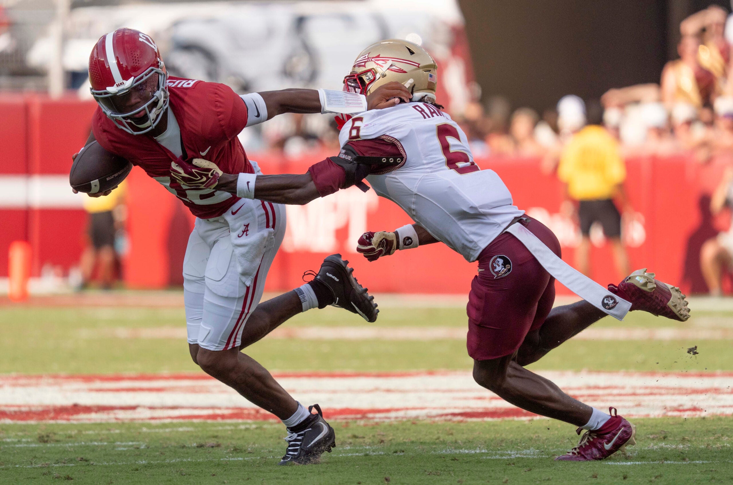 Sep 19, 2026; Tuscaloosa, AL, USA; Florida State defensive back Ja'Bril Rawls (6) sacks Alabama quarterback Keelon Russell (12) for a loss at Saban Field at Bryant-Denny Stadium.