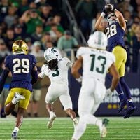 Notre Dame safety Luke Talich (28) intercepts a pass during a NCAA football game against Michigan State at Notre Dame Stadium on Saturday, Sept. 19, 2026, in South Bend.