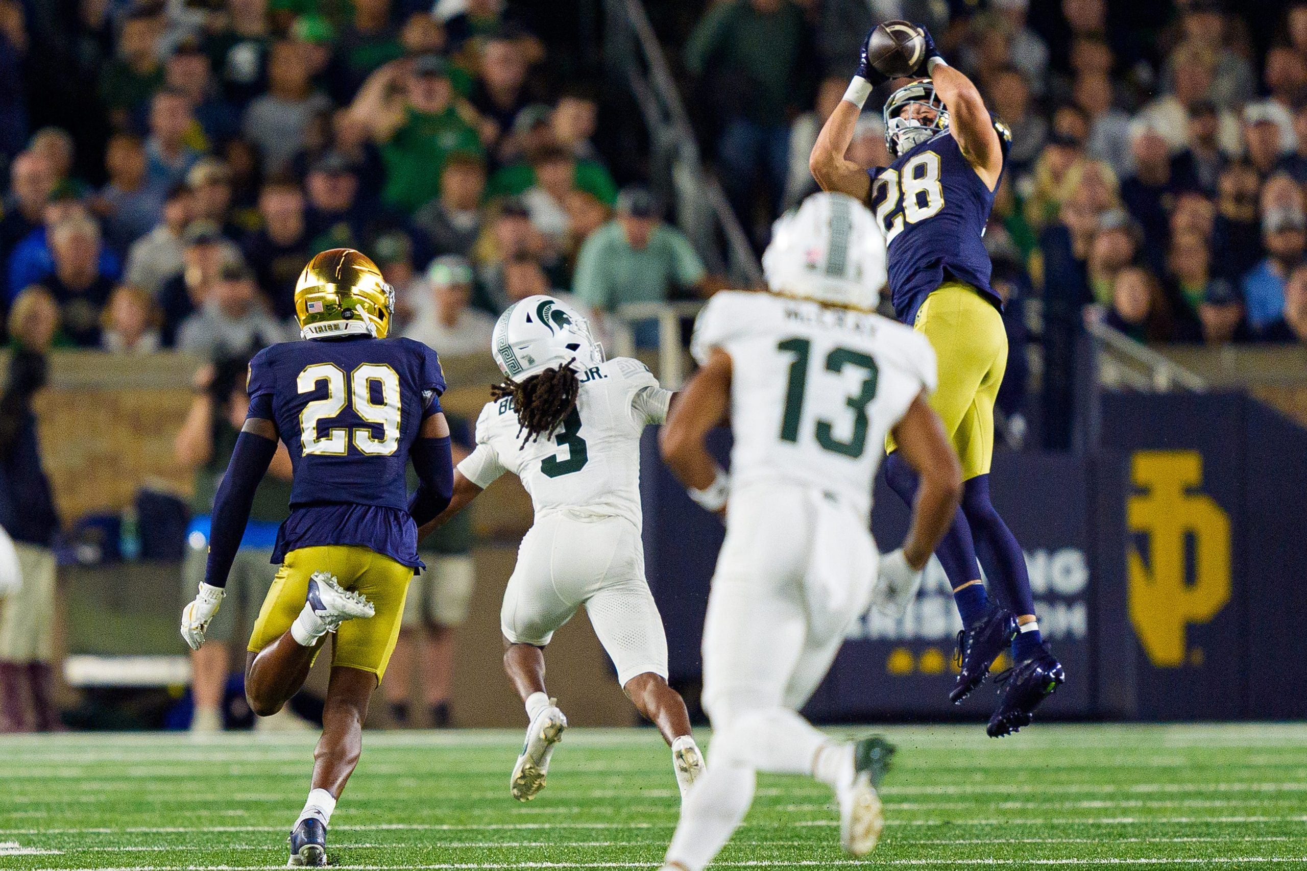 Notre Dame safety Luke Talich (28) intercepts a pass during a NCAA football game against Michigan State at Notre Dame Stadium on Saturday, Sept. 19, 2026, in South Bend.
