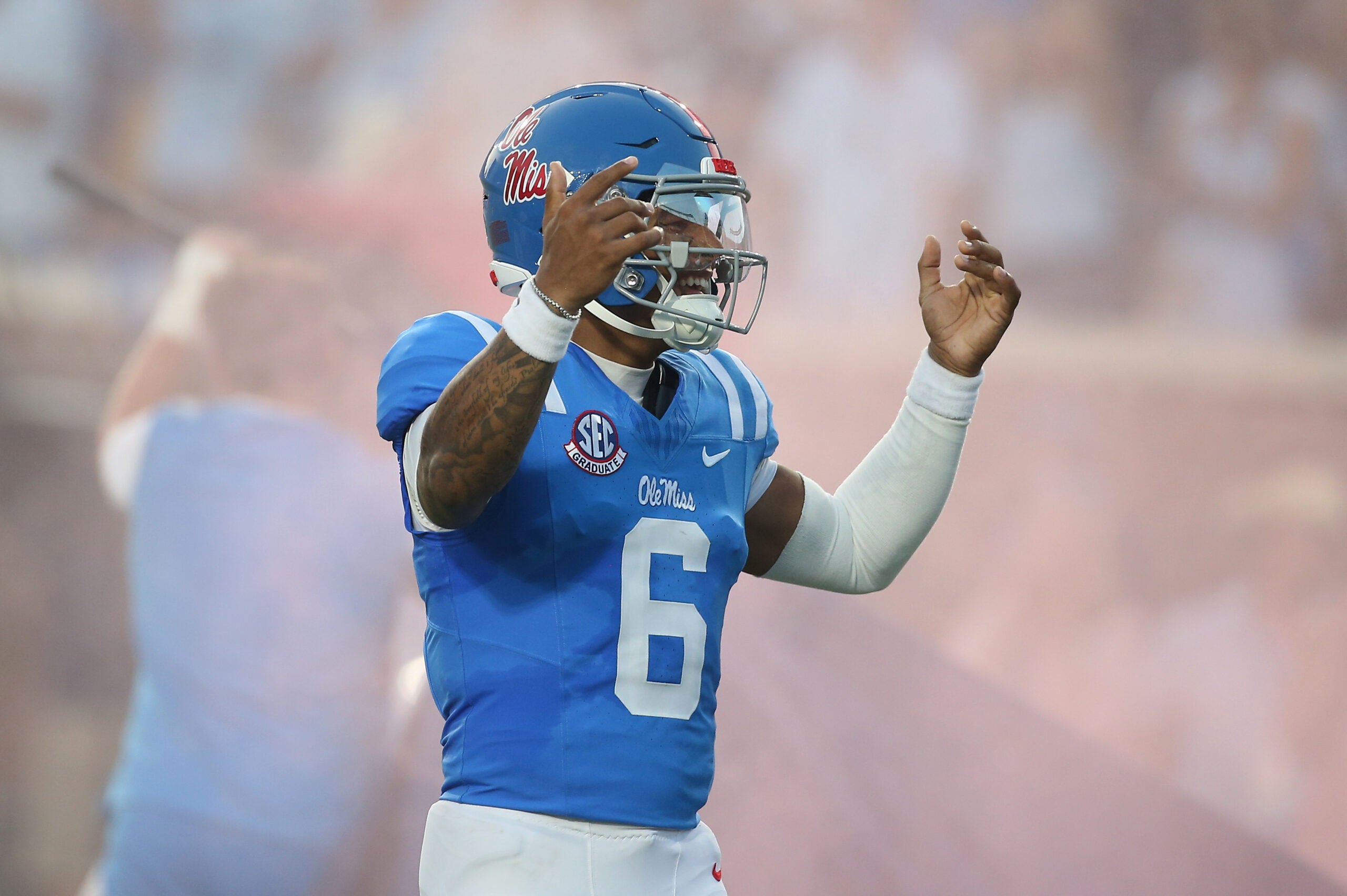 Sep 19, 2026; Oxford, Mississippi, USA; Mississippi Rebels quarterback Trinidad Chambliss (6) runs onto the field prior to the game against the Louisiana State Tigers at Vaught-Hemingway Stadium.