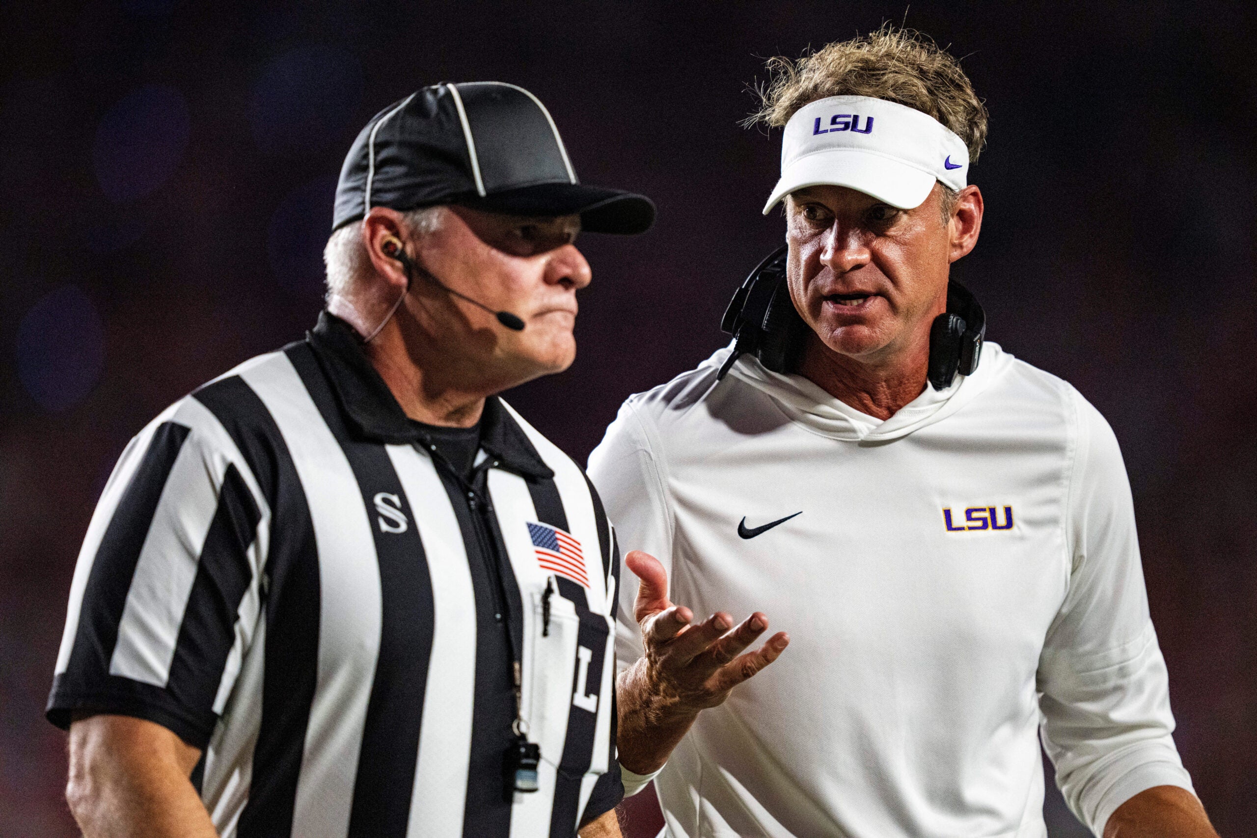 LSU head coach Lane Kiffin talks with an official during a college football game between Ole Miss and LSU at Vaught Hemingway Stadium in Oxford, Miss., on Saturday, Sept. 19, 2026.