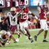 Sep 19, 2026; Tuscaloosa, AL, USA; Alabama quarterback Keelon Russell (12) runs for a long touchdown past Florida State defensive back Ma'Khi Jones (14) and Florida State defensive back Nehemiah Chandler (12) at Bryant-Denny Stadium. Alabama defeated Florida State 50-36.