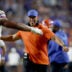 Sep 19, 2026; Auburn, Alabama, USA; Florida Gators head coach Jon Sumrall celebrates with offensive lineman Bryce Lovett (53) after the Gators scored a touchdown during the fourth quarter against the Auburn Tigers at Jordan-Hare Stadium.