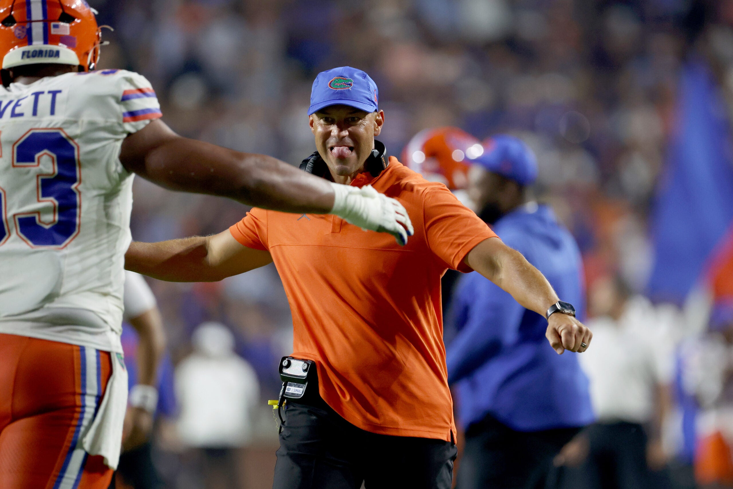 Sep 19, 2026; Auburn, Alabama, USA; Florida Gators head coach Jon Sumrall celebrates with offensive lineman Bryce Lovett (53) after the Gators scored a touchdown during the fourth quarter against the Auburn Tigers at Jordan-Hare Stadium.