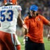 Florida Gators head coach Jon Sumrall celebrates a touchdown with his team as Auburn Tigers take on Florida Gators at Jordan-Hare Stadium in Auburn, Ala. on Saturday, Sept. 19, 2026. Florida Gators defeated Auburn Tigers 44-39.