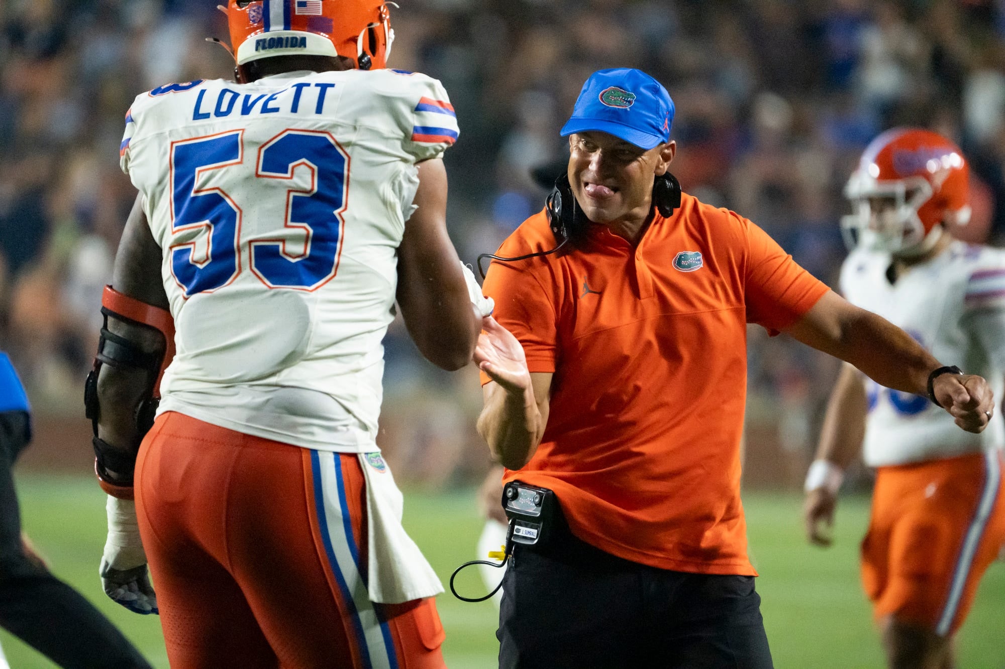 Florida Gators head coach Jon Sumrall celebrates a touchdown with his team as Auburn Tigers take on Florida Gators at Jordan-Hare Stadium in Auburn, Ala. on Saturday, Sept. 19, 2026. Florida Gators defeated Auburn Tigers 44-39.