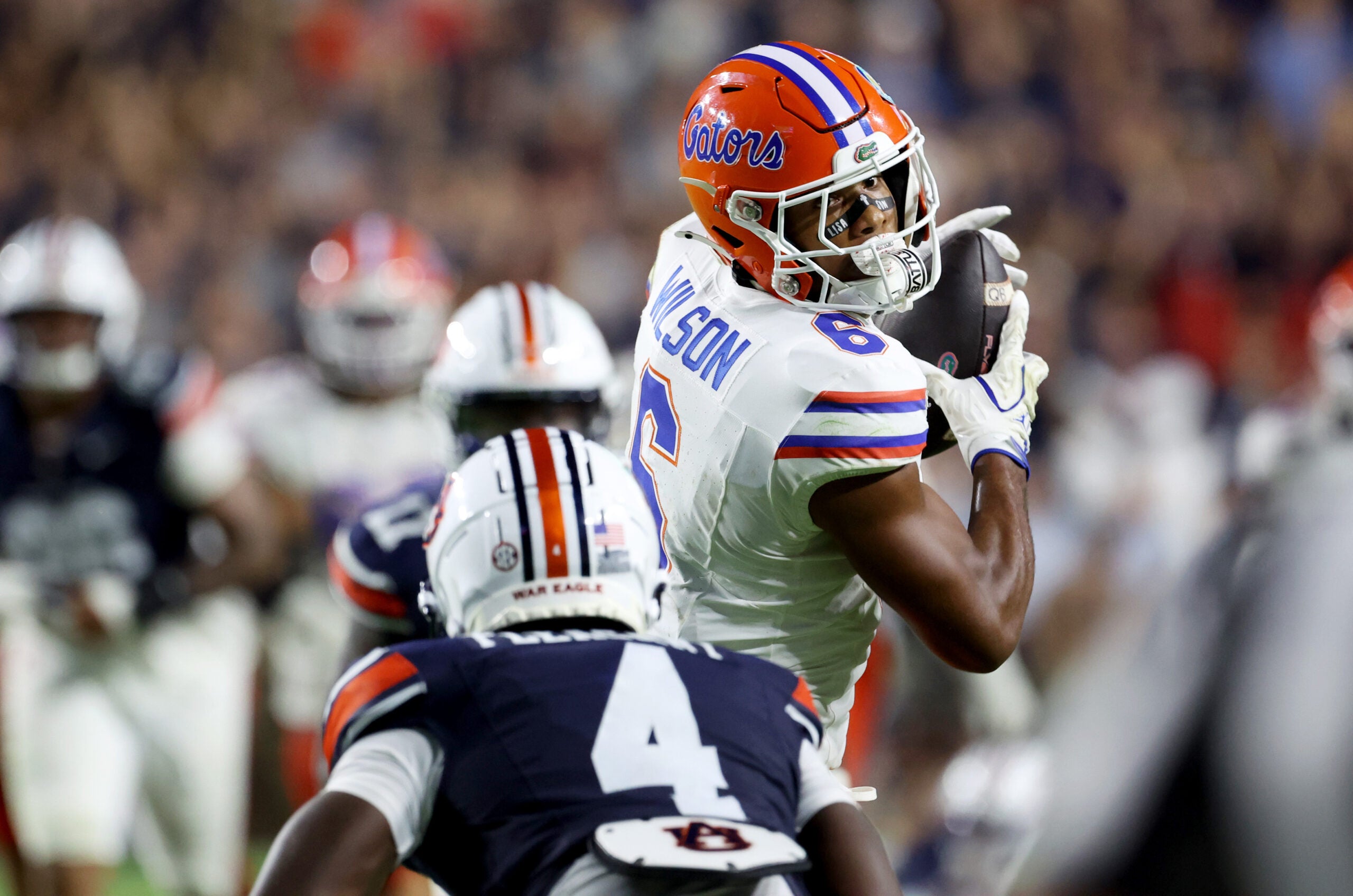 Sep 19, 2026; Auburn, Alabama, USA; Florida Gators wide receiver Dallas Wilson (6) makes a catch against the Auburn Tigers defense during the third quarter at Jordan-Hare Stadium.