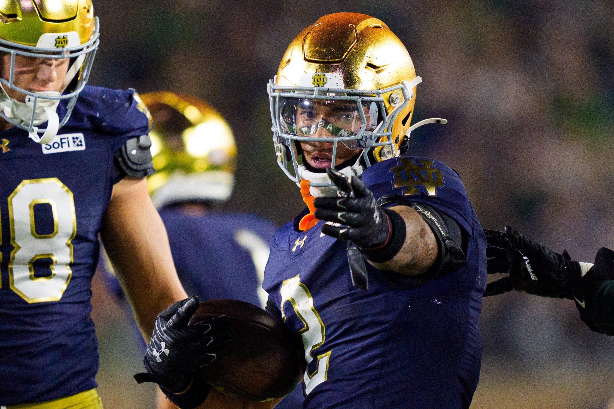 Notre Dame running back Nolan James Jr. celebrates after getting a first down during a NCAA football game against Michigan State at Notre Dame Stadium on Saturday, Sept. 19, 2026, in South Bend.