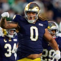 Notre Dame defensive lineman Tionne Gray (0) celebrates after getting a sack during a NCAA football game against Michigan State at Notre Dame Stadium on Saturday, Sept. 19, 2026, in South Bend.