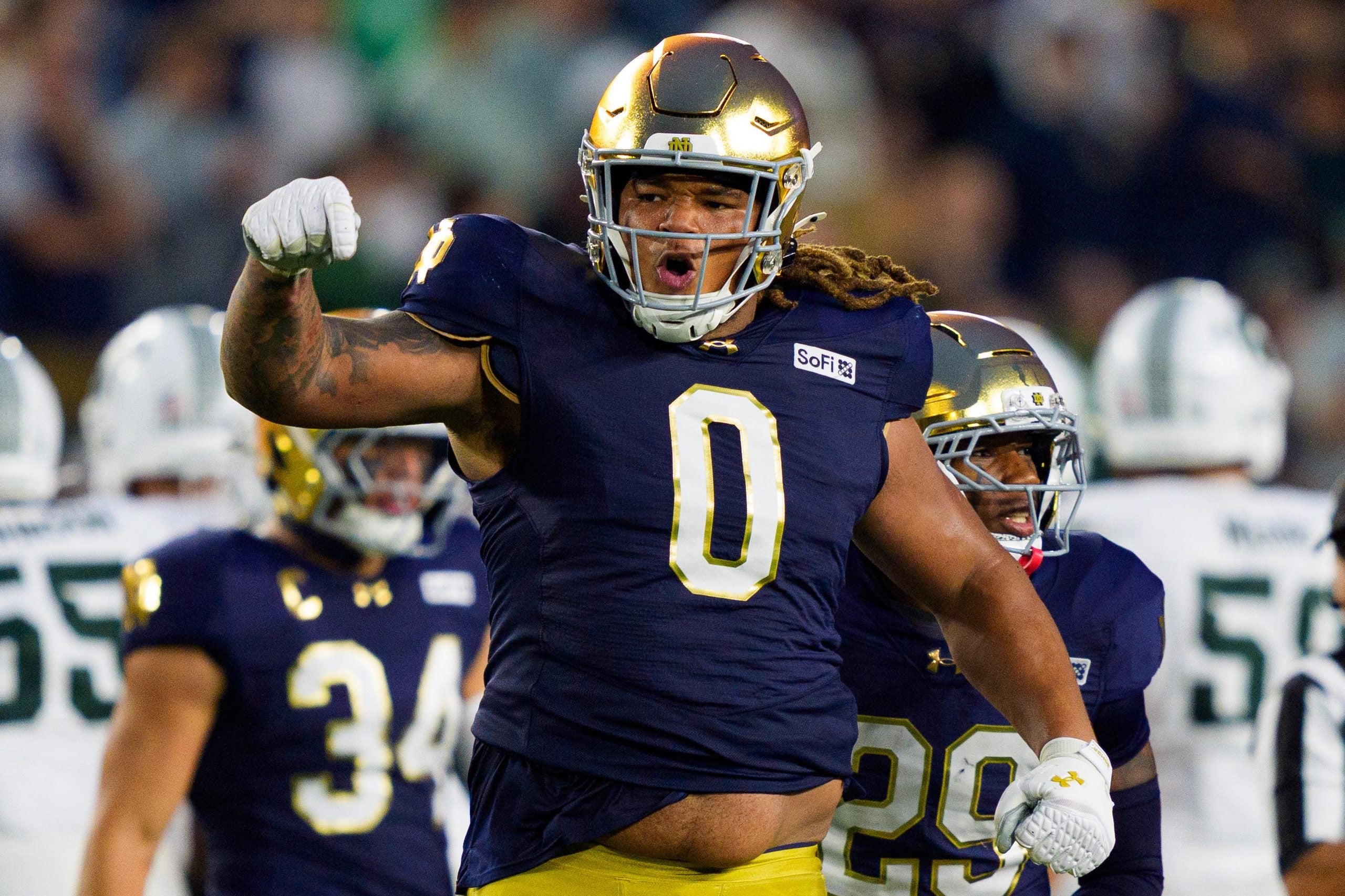 Notre Dame defensive lineman Tionne Gray (0) celebrates after getting a sack during a NCAA football game against Michigan State at Notre Dame Stadium on Saturday, Sept. 19, 2026, in South Bend.